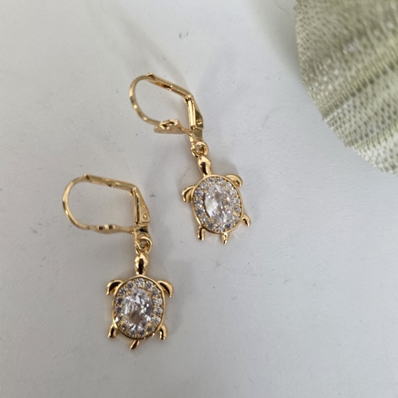 Gold Filled Earrings Zircon Turtle Charm - Picture 1 of 9